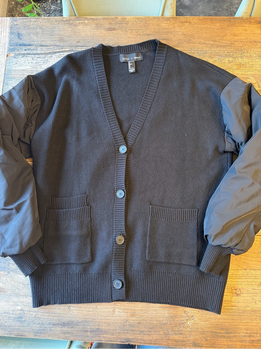 Black Mixed-Media Button Front Cardigan